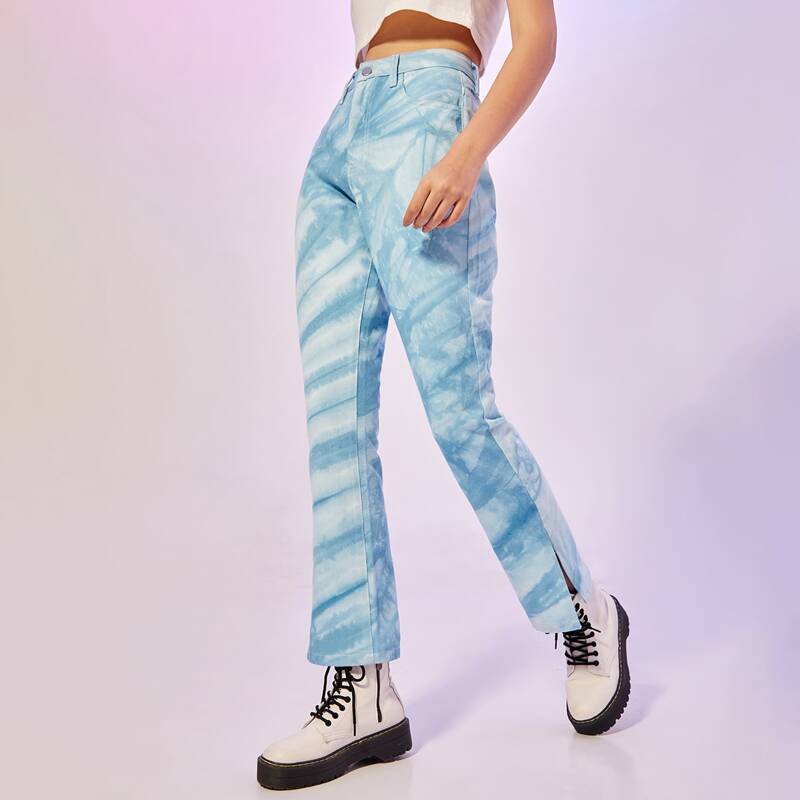

Washed High Waist Split Jeans, Baby blue