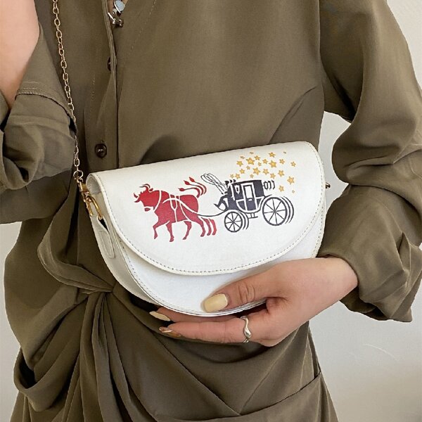 

Cartoon Graphic Flap Saddle Bag, White