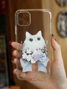 Floral Cat Print Phone Case - Clear - View 1