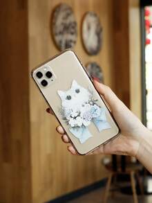 Floral Cat Print Phone Case - Clear - View 3