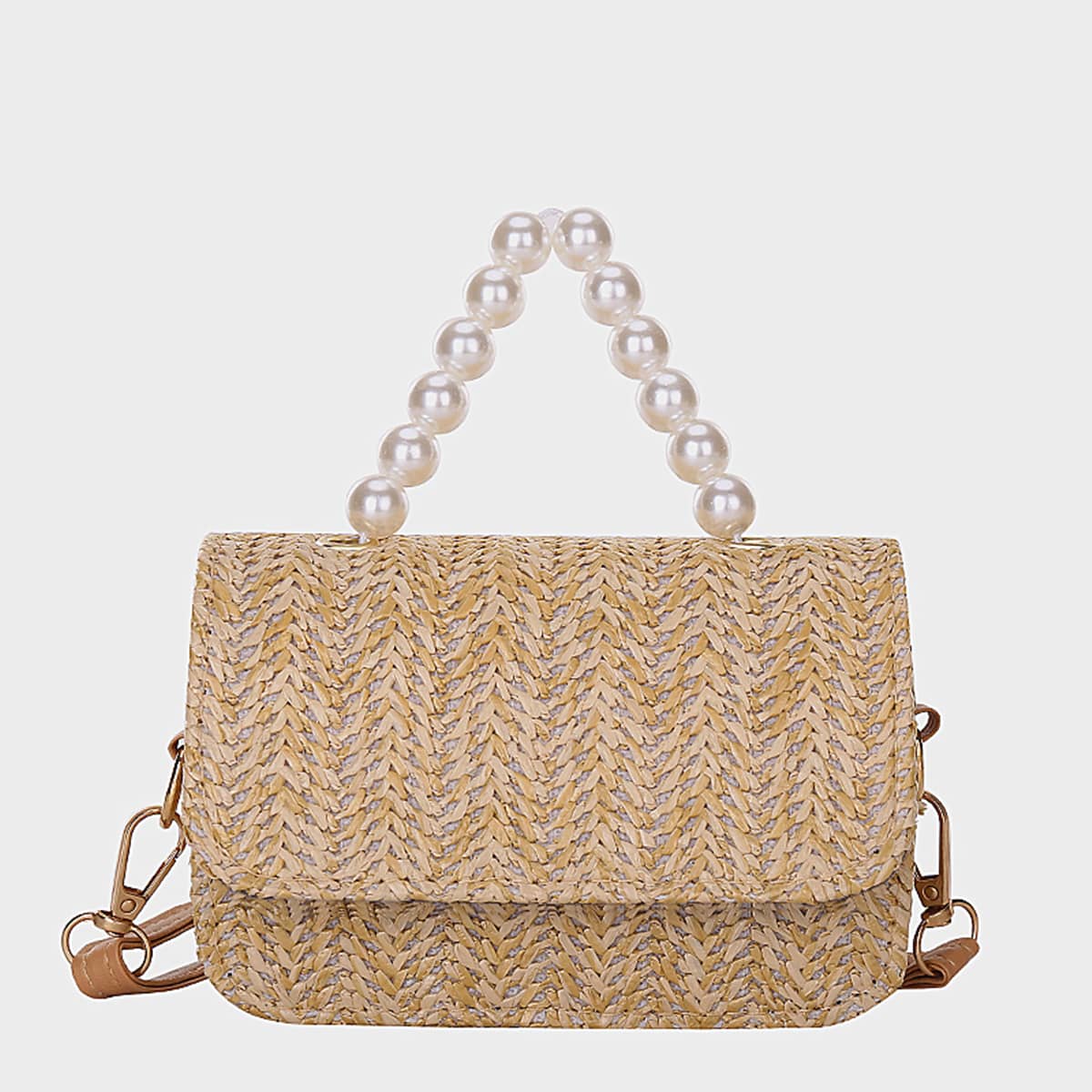 

Faux Pearl Handle Straw Satchel Bag, Khaki
