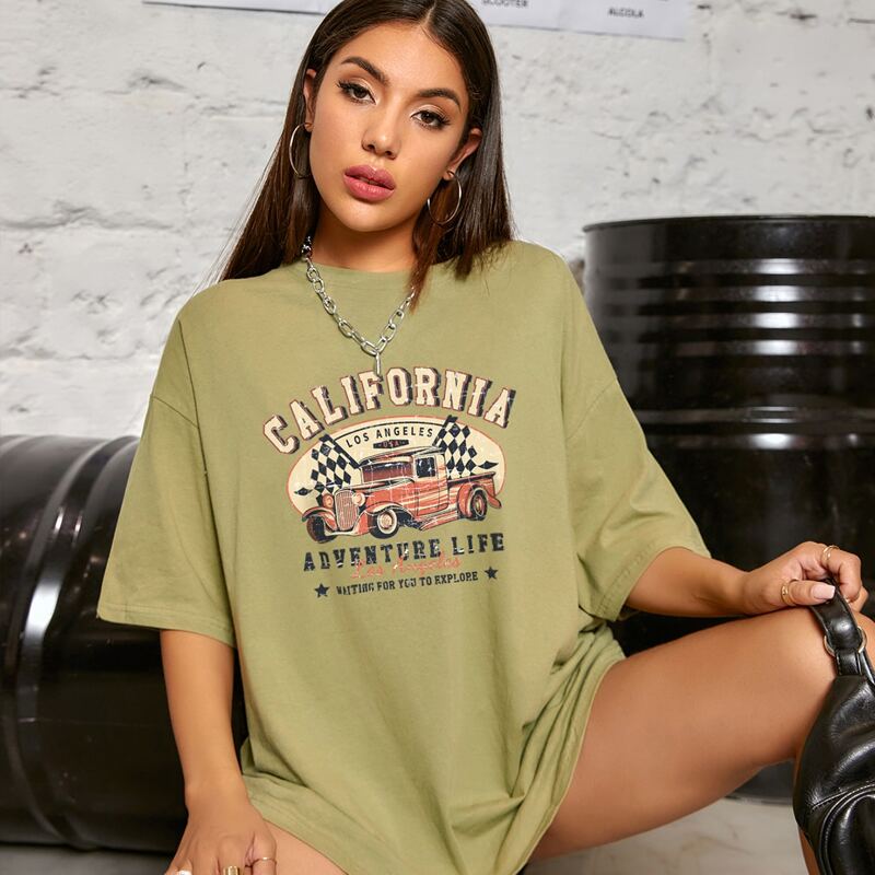 

Slogan & Car Print Drop Shoulder Oversized Tee, Green