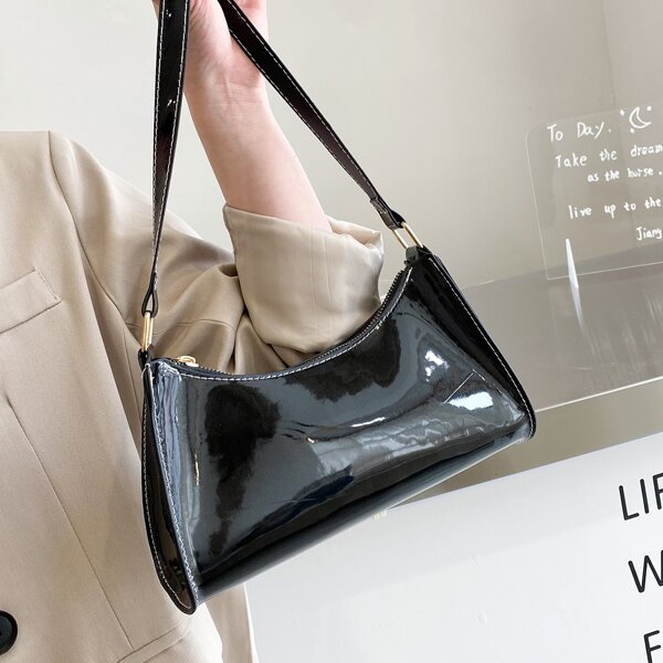 

Minimalist Patent Leather Baguette Bag, Black