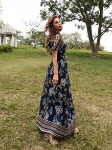 Seusyu Vestido con cinturón cruzado delantero con estampado de plantas - Multicolor - Ver 2