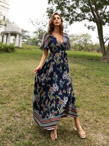 Seusyu Vestido con cinturón cruzado delantero con estampado de plantas - Multicolor - Ver 4