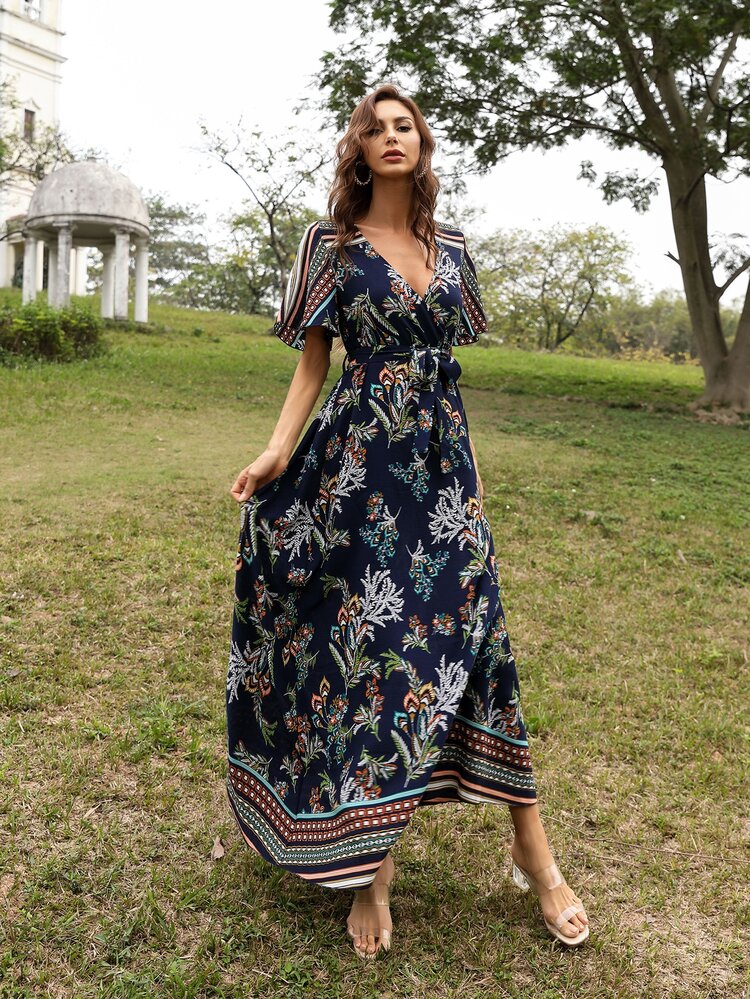 Seusyu Surplice Front Plants Print Belted Dress - Multicolor - View 4