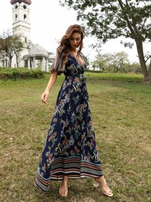 Seusyu Vestido con cinturón cruzado delantero con estampado de plantas - Multicolor - Ver 5