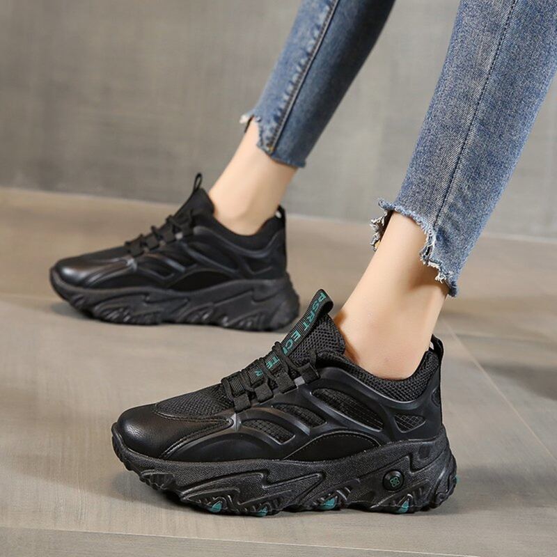 

Solid Lace-up Mesh Chunky Sneakers, Black