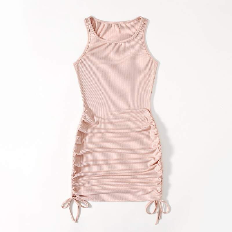 

Solid Drawstring Ruched Bodycon Dress, Baby pink