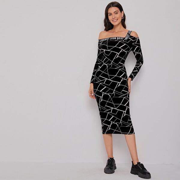 

Asymmetrical Neck Letter & Geo Print Dress, Black