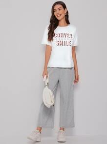 Seusyu Letter & Heart Print Tee and Taped Side Pants Set - Multicolor - View 4