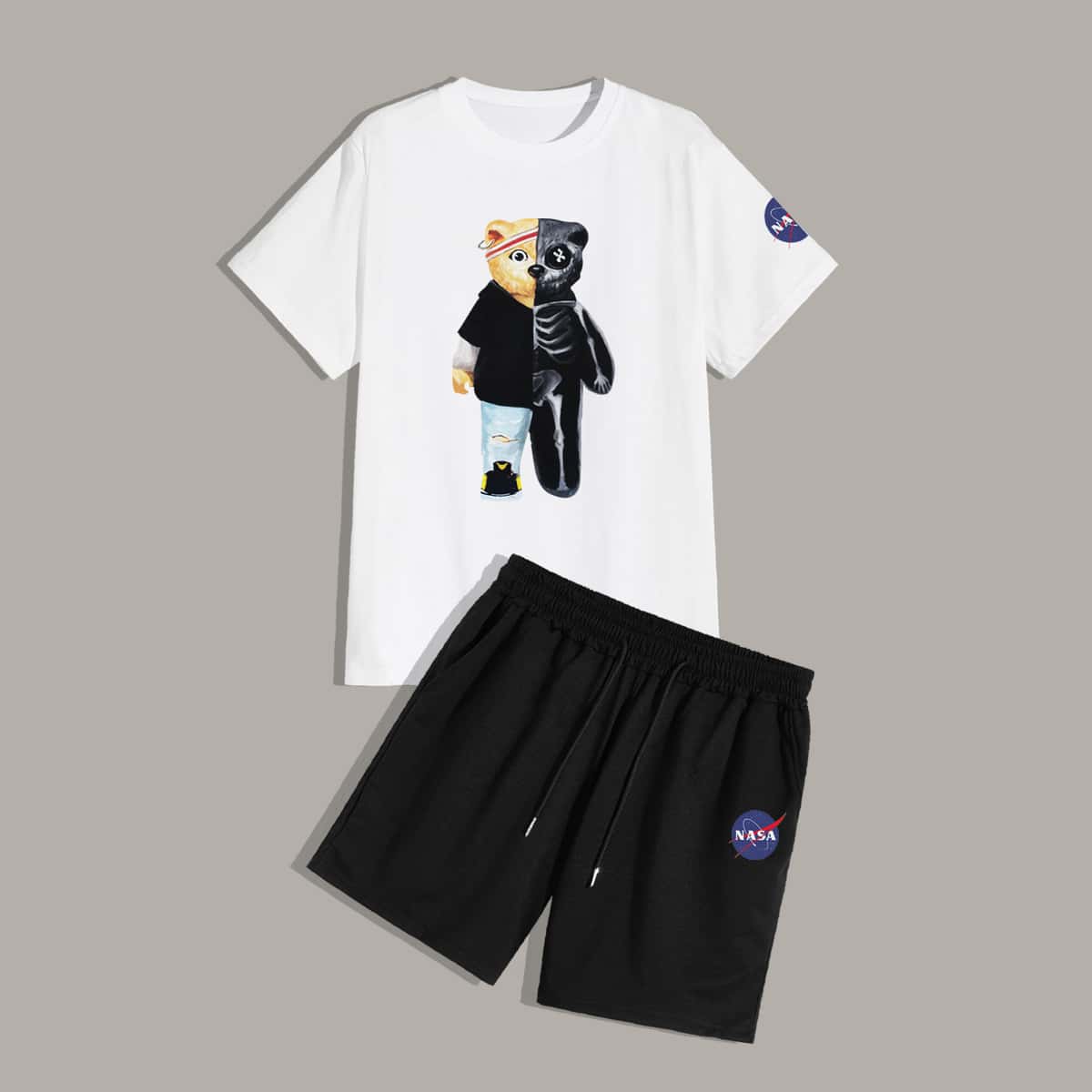 

Guys Cartoon Bear Print Tee & Shorts, Black and white