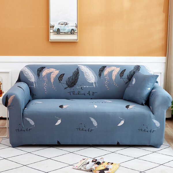 

Feather Print Stretchy Sofa Slipcover & 1pc Cushion Cover Without Filler, Blue