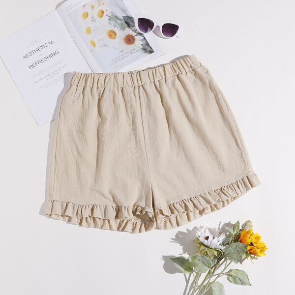 

Plus Ruffle Hem Solid Shorts, Khaki