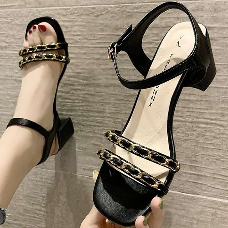

Chain Strap Chunky Heeled Sandals, Black