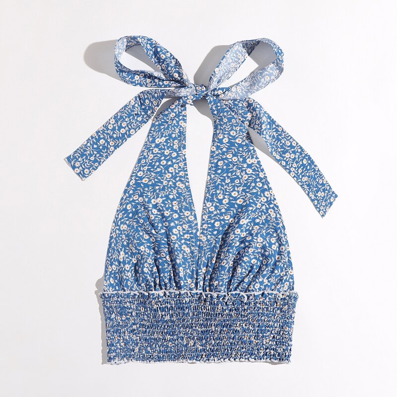 

Ditsy Floral Shirred Halter Top, Blue