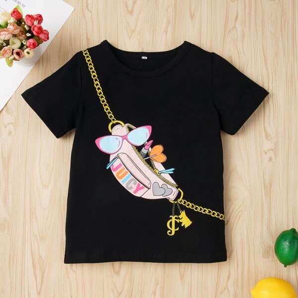 

Toddler Girls Cartoon & Letter Graphic Tee, Black