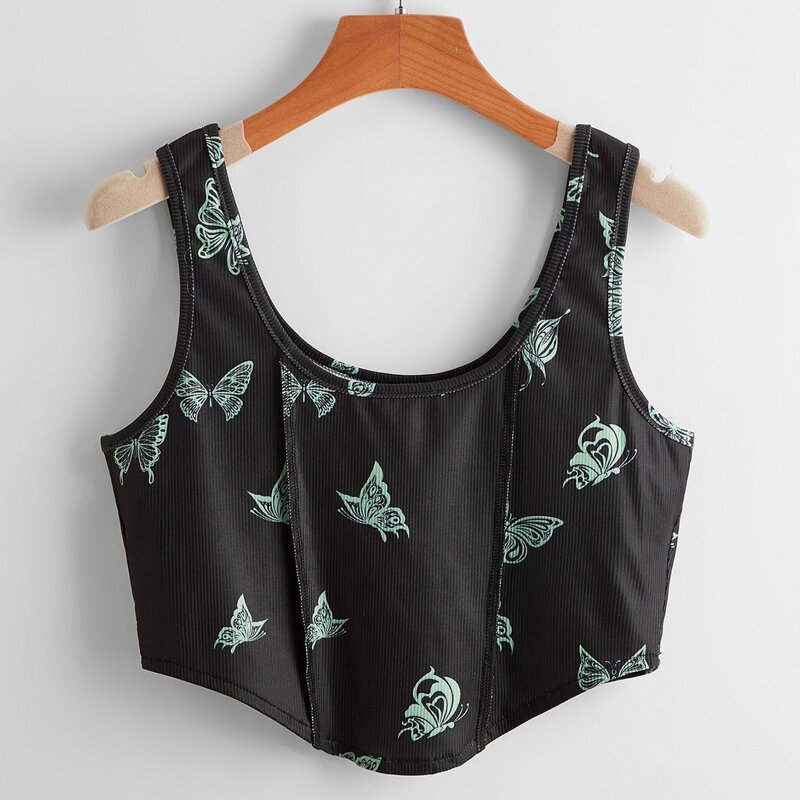 

Butterfly Graphic Ribbed Tank Top, Black