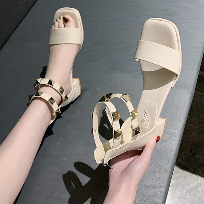 

Studded Ankle Strap Chunky Heeled Sandals, Beige