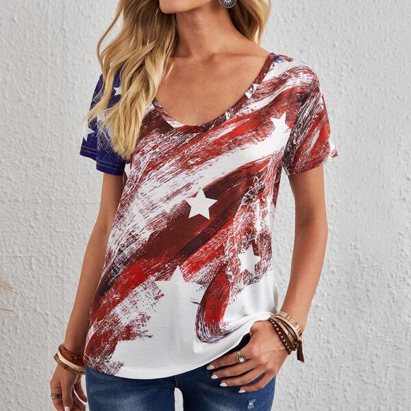 

Star Print Scoop Neck Tee, Multicolor