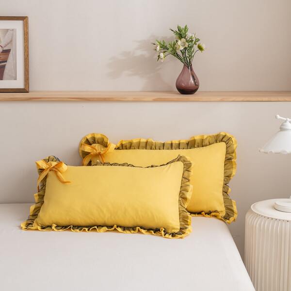 

1pair Ruffle Trim Pillowcase Without Filler, Yellow