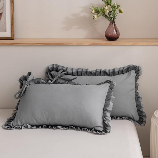 

1pair Ruffle Trim Pillowcase Without Filler, Light grey