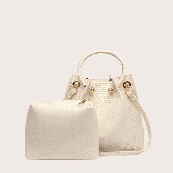 

2pcs Minimalist Croc Embossed Bag Set, Beige