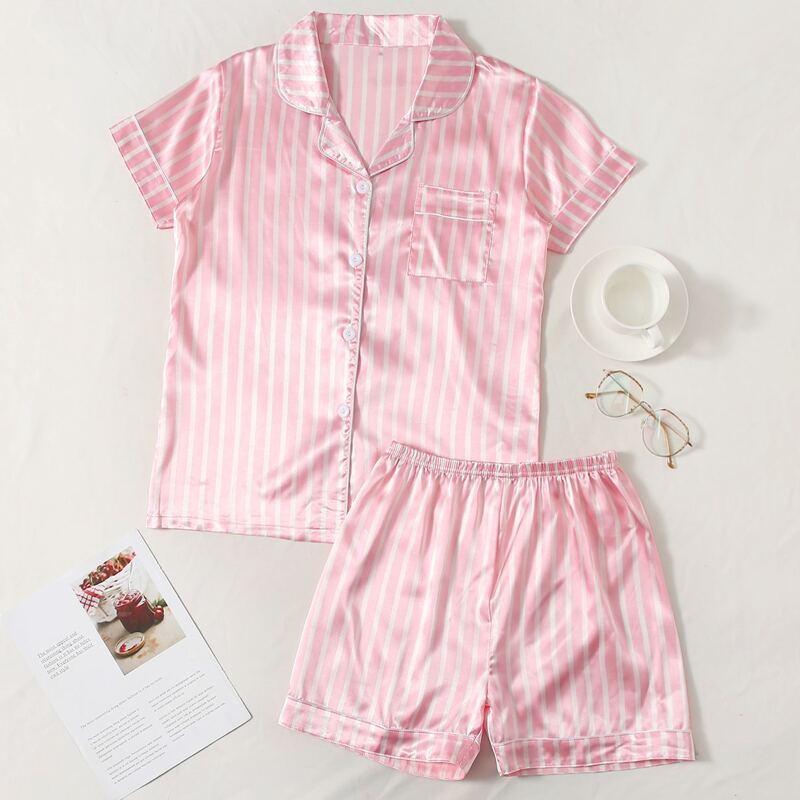 

Satin Striped Button Front Night Set, Pink