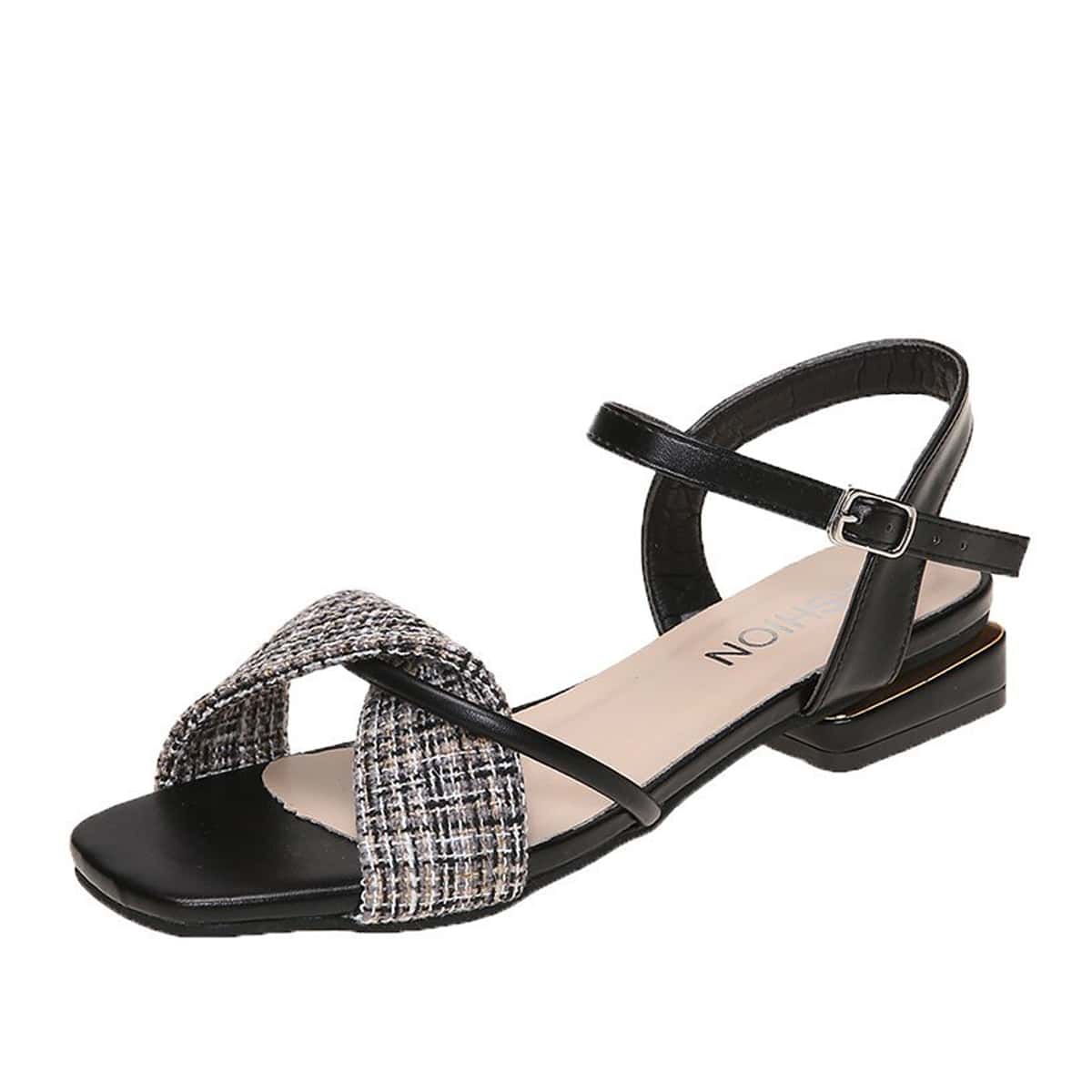 

Plaid Twist Ankle Strap Chunky Heeled Sandals, Black