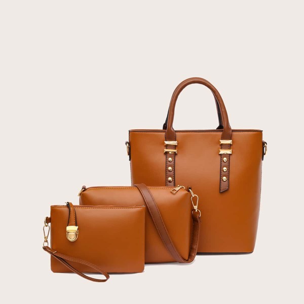 

3pcs Studded Decor Satchel Bag Set, Brown