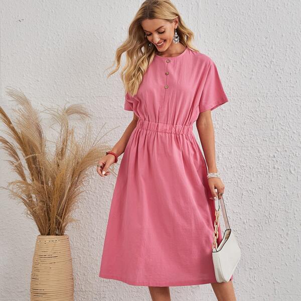 

Solid Half Button A-line Dress, Pink
