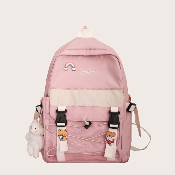 

Cartoon Charm Buckle Front Backpack, Pink