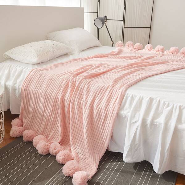 

Pom Pom Decor Knitted Blanket, Pink