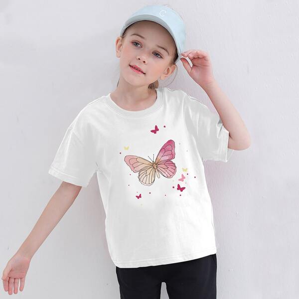 

Girls Drop Shoulder Butterfly Print Tee, White