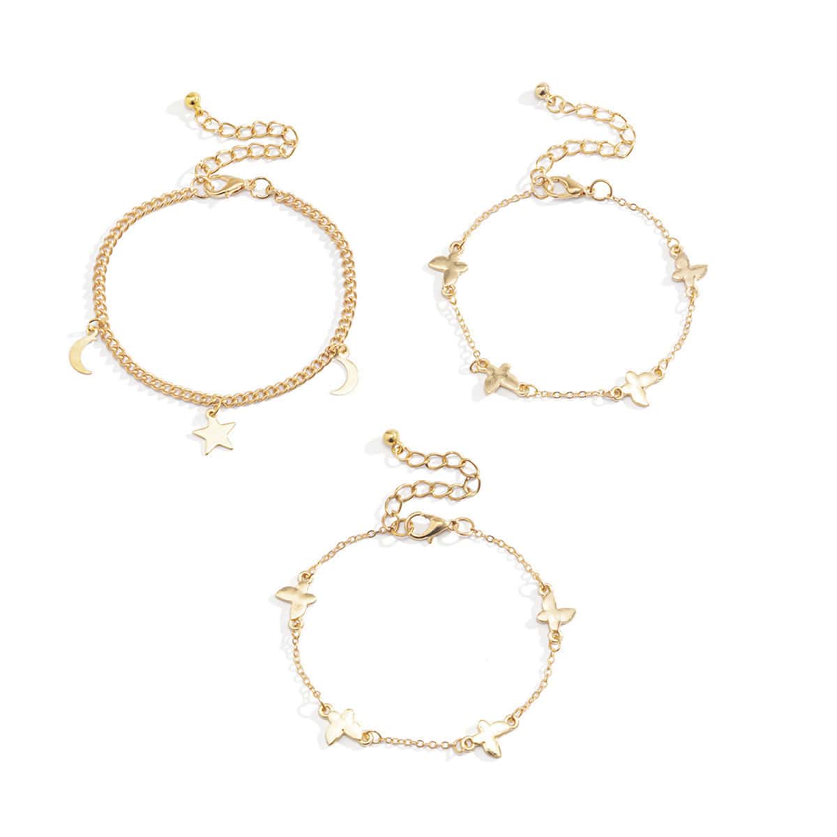 

3pcs Star & Butterfly Chain Bracelet, Gold