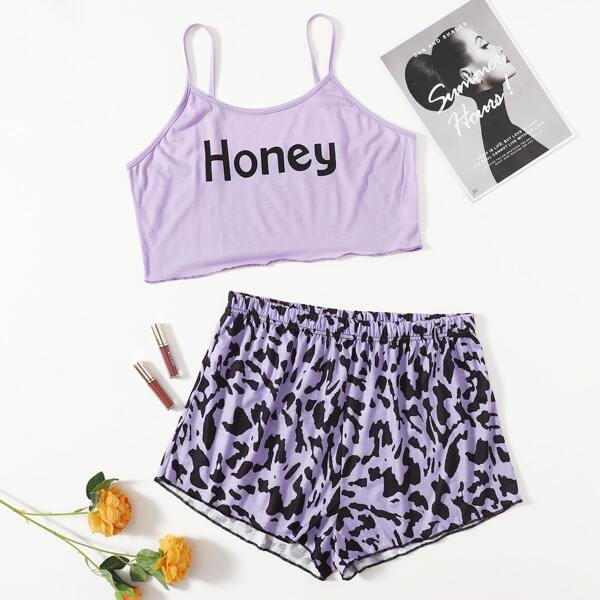 

Plus Letter And Graphic Print Cami Pajama Set, Multicolor