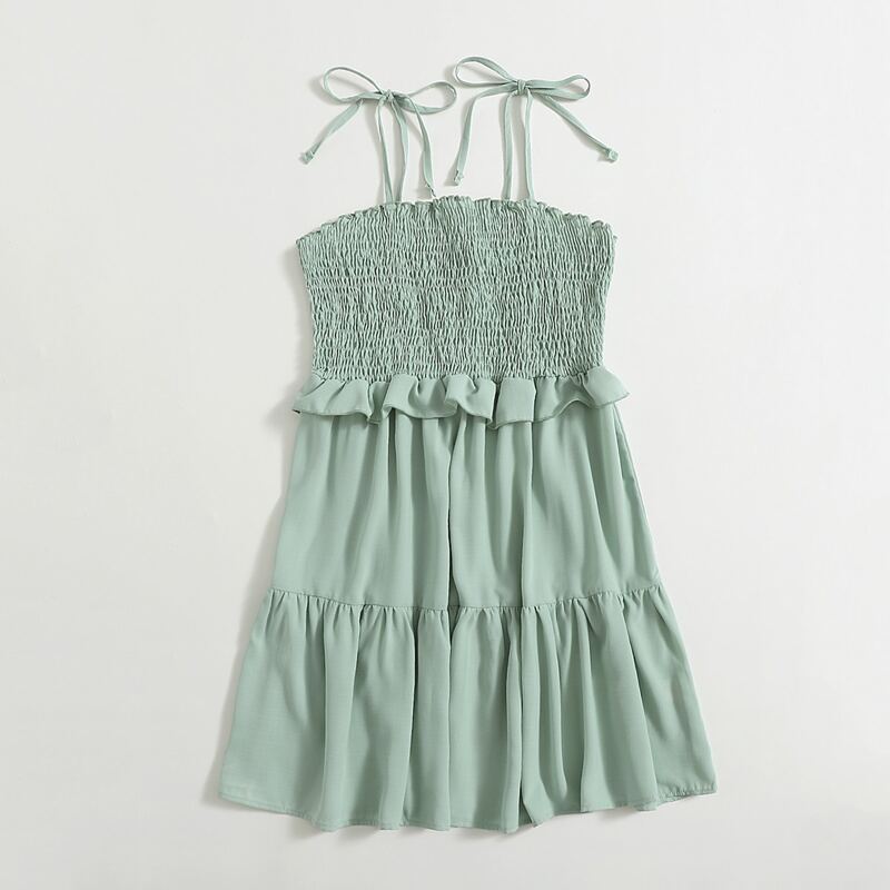 

Solid Shirred Tie Shoulder Cami Dress, Mint green