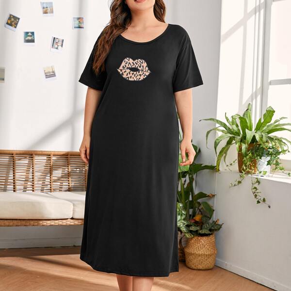 

Plus Leopard Mouth Print Night Dress, Black