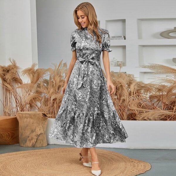 

Paisley Print Flounce Sleeve Belted Ruffle Hem Dress, Black and white