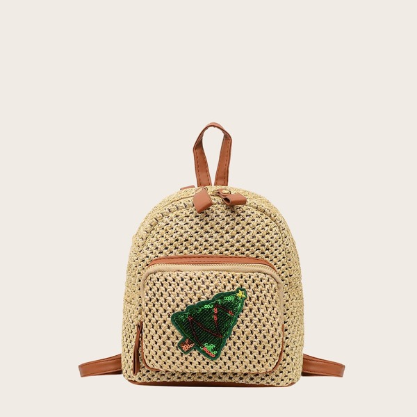 

Sequin Decor Straw Backpack, Brown