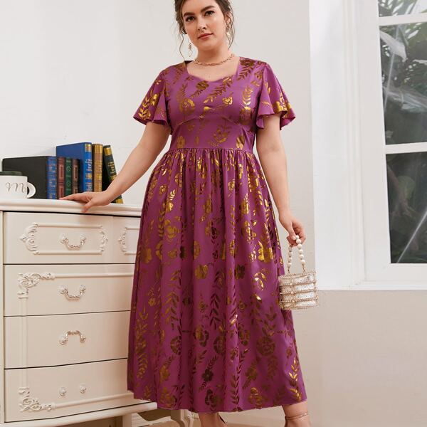 

Plus Gold Floral Print A-line Dress, Purple