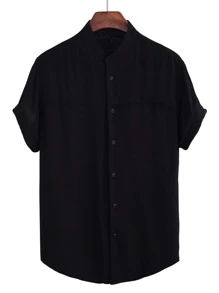 Manfinity 男士素色紐扣襯衫 - 黑色 - 查看 1