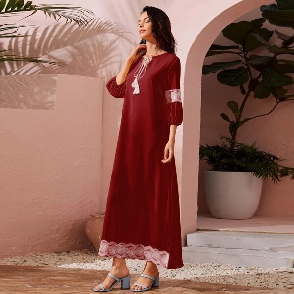 

Tie Neck Lace Panel Dress, Burgundy