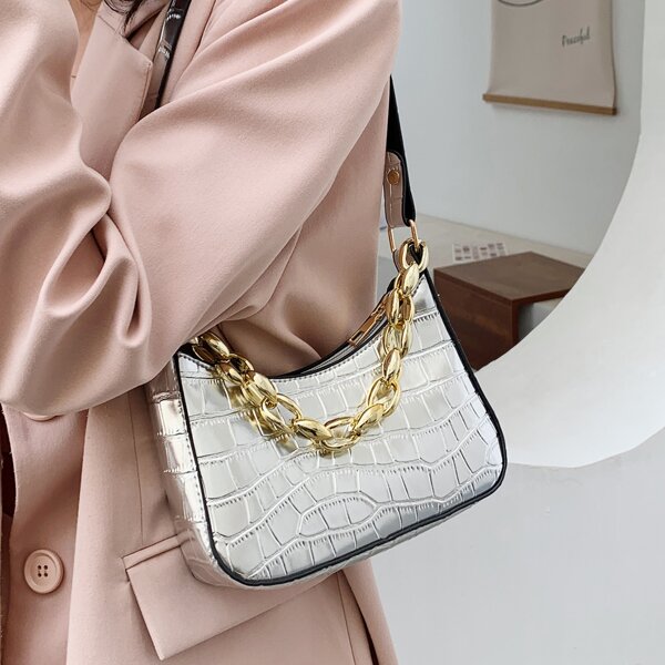 

Metallic Croc Embossed Chain Decor Baguette Bag, Silver