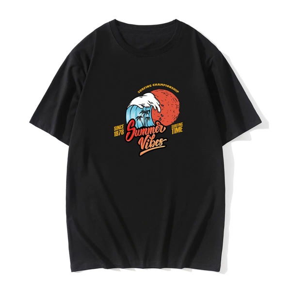

Men Letter And Tropical Print Tee, Black