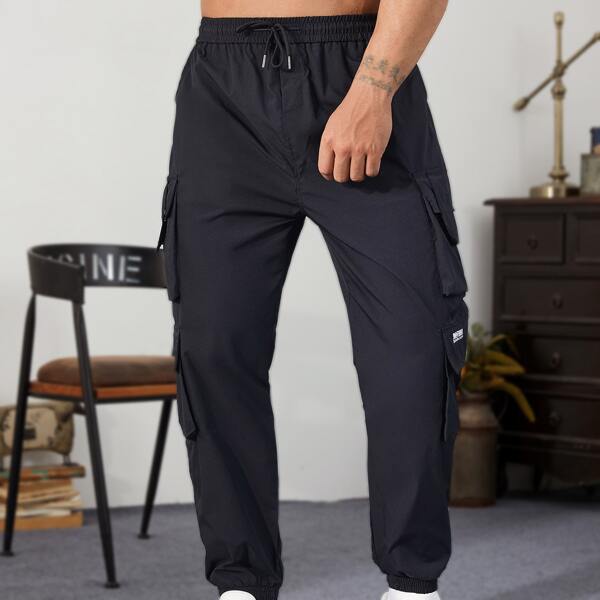 

Men Flap Pocket Drawstring Pants, Black