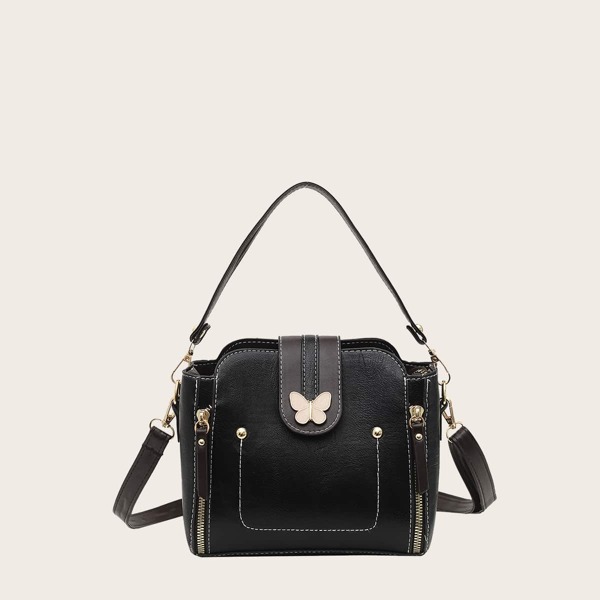 

Butterfly Decor Double Zip Front Satchel Bag, Black