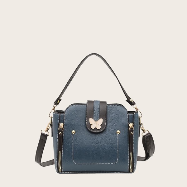 

Butterfly Decor Double Zip Front Satchel Bag, Blue