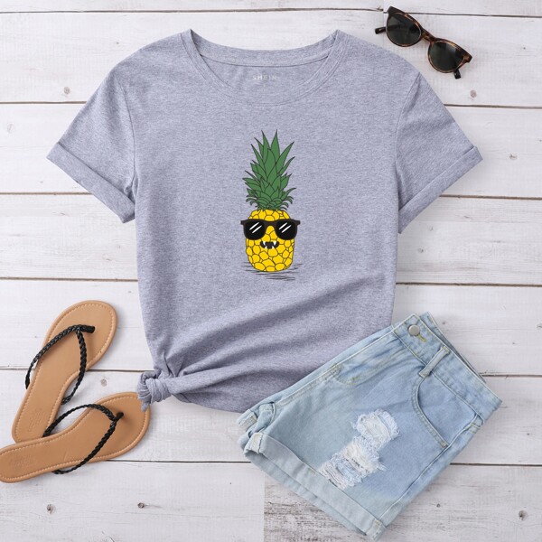 

Pineapple Print Round Neck Tee, Light grey