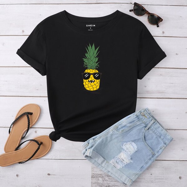 

Pineapple Print Round Neck Tee, Black